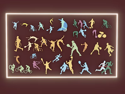 Multiple Colorful Sports People Silhouettes With Neon Frame On Dark Background 3d model
