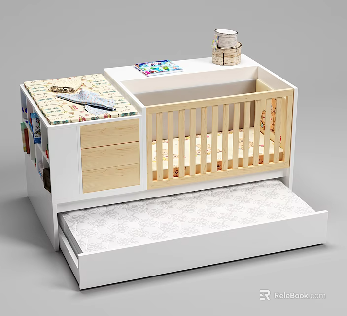 Wooden Baby Crib With White Frame Natural Wood Rails Storage Drawer And Books On Top 3d model 