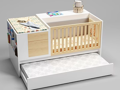 Wooden Baby Crib With White Frame Natural Wood Rails Storage Drawer And Books On Top 3d model