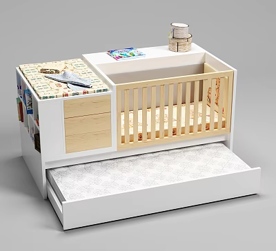 Wooden Baby Crib With White Frame Natural Wood Rails Storage Drawer And Books On Top 3d model