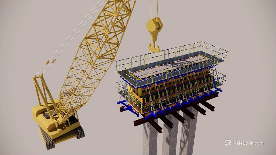 Bridge Construction Process With Crane Scaffolding And Concrete Pier Structure 3d model