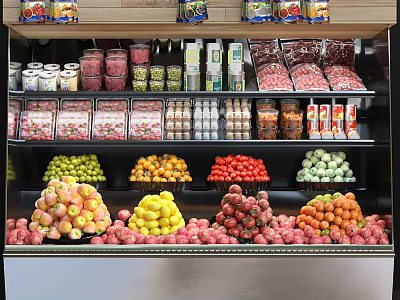Organized Retail Display Shelves with Fresh Fruits and Packaged Grocery Products 3d model