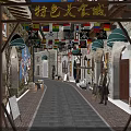 Vibrant Commercial Street Featuring Specialty Food Stone Walls Green Awnings and Colorful Flags