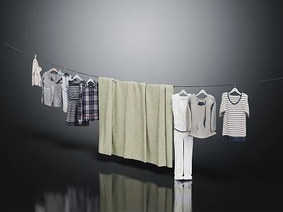 Various Clothes Hanging On Clothesline Including Shirts Towel T Shirts And Pants 3d model
