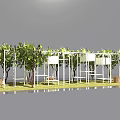 Garden Landscape with White Pergola Climbing Vines Green Grass Trees and Baskets