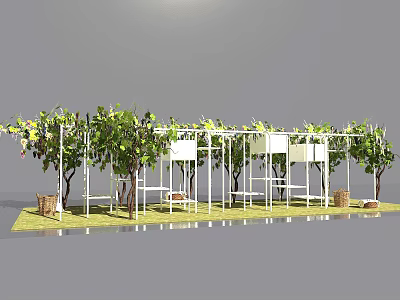 Garden Landscape with White Pergola Climbing Vines Green Grass Trees and Baskets 3d model
