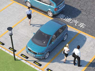 Audi Blue Cars Parked in Parking Lot with Yellow Lines and People Walking 3d model
