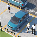 Audi Blue Cars Parked in Parking Lot with Yellow Lines and People Walking