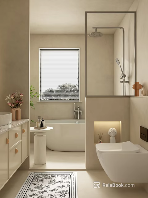 Modern Bathroom Interior with Bathtub Window Blinds Vanity Soft Lighting and Decorative Plants 3d model 