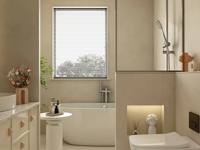Modern Bathroom Interior with Bathtub Window Blinds Vanity Soft Lighting and Decorative Plants 3d model