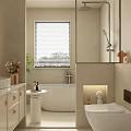 Modern Bathroom Interior with Bathtub Window Blinds Vanity Soft Lighting and Decorative Plants