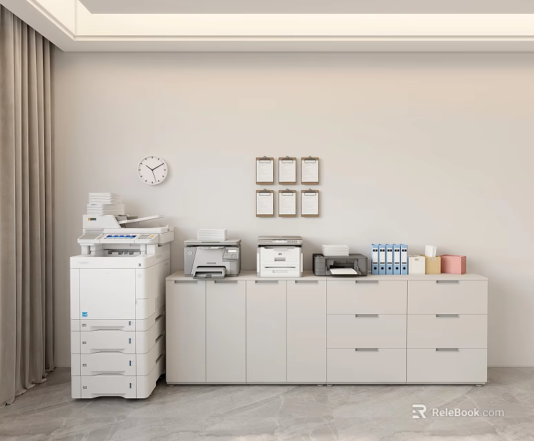 Office Electronics Setup Featuring Multifunctional Printers Small Printer Filing Cabinet Wall Clock And Decorative Frames 3d model 