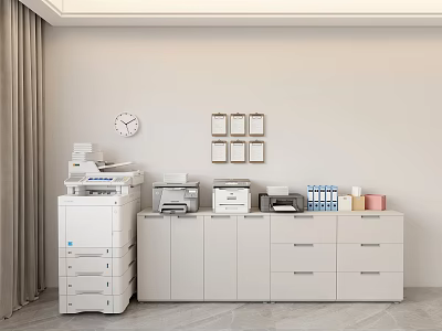 Office Electronics Setup Featuring Multifunctional Printers Small Printer Filing Cabinet Wall Clock And Decorative Frames 3d model