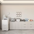 Office Electronics Setup Featuring Multifunctional Printers Small Printer Filing Cabinet Wall Clock And Decorative Frames