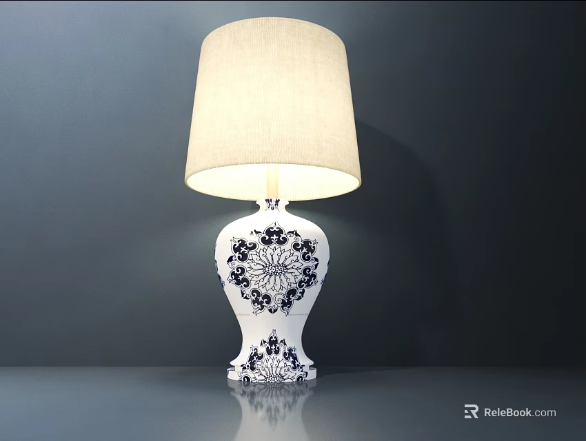 Elegant Table Lamp With White Lampshade And Blue White Pattern Ceramic Base 3d model