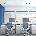 Modern Public Office Interior with Desks Computer Monitors Gray Chairs White Storage Cabinets Blue Ceiling 3d model
