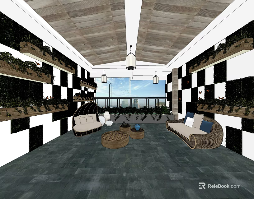 Hotel Public Lounge Area With Black White Checkered Walls Wooden Ceiling And Green Plants 3d model 