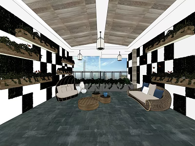 Hotel Public Lounge Area With Black White Checkered Walls Wooden Ceiling And Green Plants 3d model