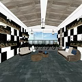 Hotel Public Lounge Area With Black White Checkered Walls Wooden Ceiling And Green Plants