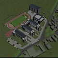 Modern School Campus With Classroom Buildings Sports Field And Green Trees