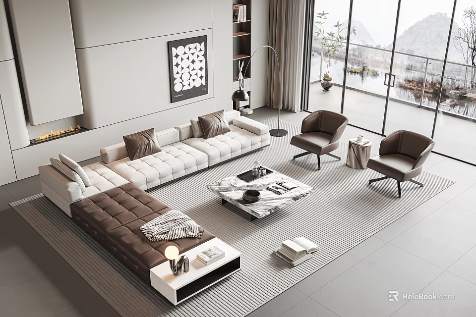 Modern Living Room Sofa And Coffee Table Set With White Brown Upholstery And Marble Top 3d model 