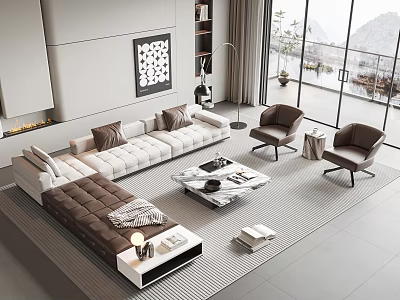 Modern Living Room Sofa And Coffee Table Set With White Brown Upholstery And Marble Top 3d model