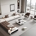 Modern Living Room Sofa And Coffee Table Set With White Brown Upholstery And Marble Top