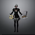 White Haired Female Character With Black Outfit Holding Mechanical Creature And Yellow Object