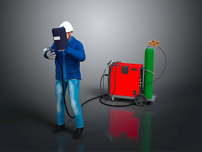 Worker in Blue Uniform and Safety Helmet Using Welding Machine with Green Gas Cylinder 3d model