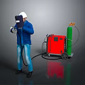Worker in Blue Uniform and Safety Helmet Using Welding Machine with Green Gas Cylinder