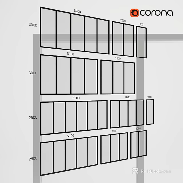 Multi Layer Building Facade Window Layout Featuring Rectangular Panels And Size Markings 3d model