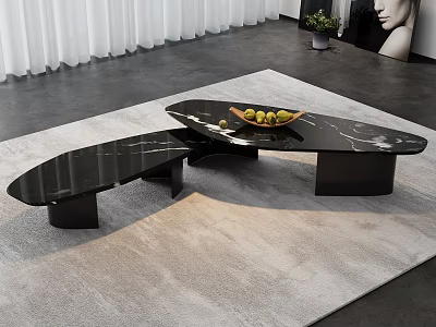 Modern Black Marble Coffee Table with Irregular Shape on Gray Rug and Fruit Bowl 3d model