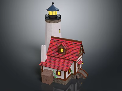 Traditional Lighthouse And Cottage Building With Red Roof Blue Top Yellow Light And Windows 3d model