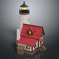 Traditional Lighthouse And Cottage Building With Red Roof Blue Top Yellow Light And Windows