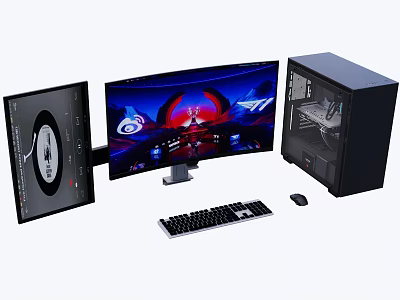 Multi Monitor Desktop Computer Setup With Case Keyboard And Mouse 3d model