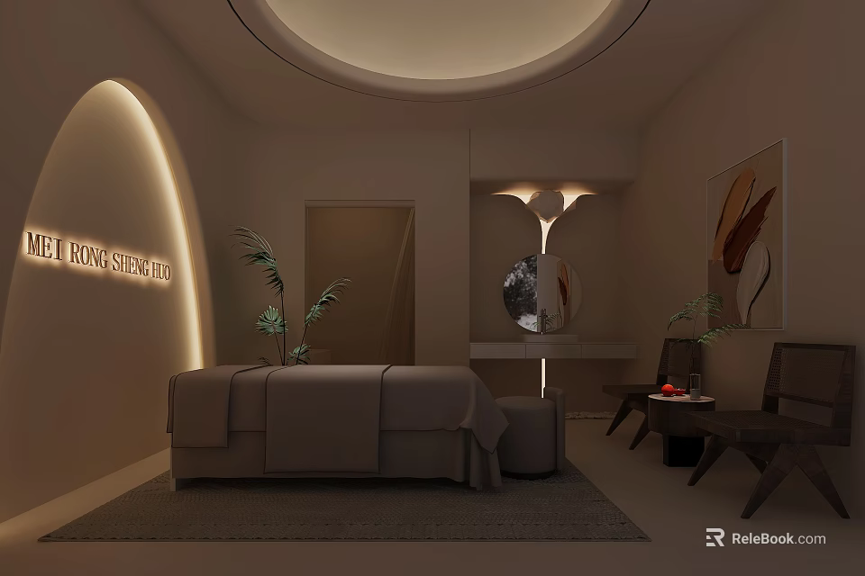 Modern SPA Sauna Interior With Comfortable Massage Bed Soft Lighting And Green Plants 3d model 