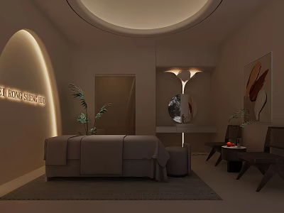 Modern SPA Sauna Interior With Comfortable Massage Bed Soft Lighting And Green Plants 3d model