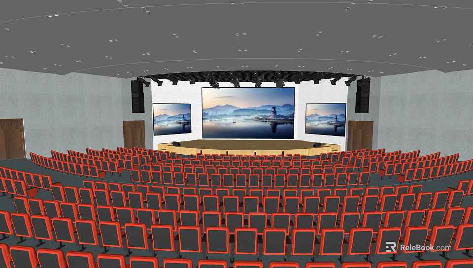 Spacious Conference Room Interior With Red Seats And Three Large Scenic Screens 3d model 