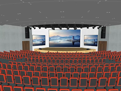 Spacious Conference Room Interior With Red Seats And Three Large Scenic Screens 3d model