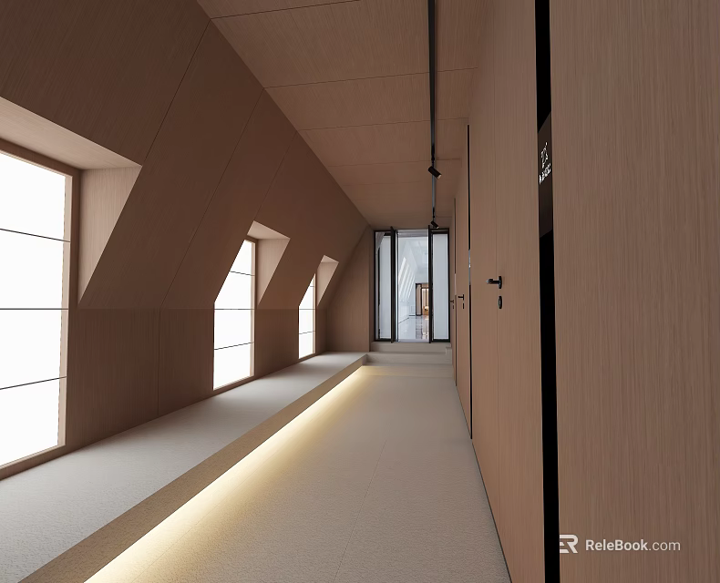 Hotel Corridor Featuring Wooden Walls Sloped Roof Windows Recessed Lighting and Light Colored Flooring 3d model 