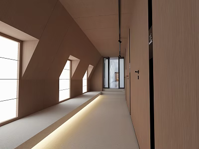 Hotel Corridor Featuring Wooden Walls Sloped Roof Windows Recessed Lighting and Light Colored Flooring 3d model