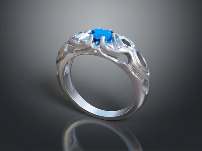 Metal Crafting Tools Make Silver Ring With Blue Gemstone And Hollow Pattern 3d model