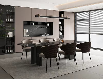 Modern Restaurant Interior With Elegant Dining Table Comfortable Chairs Wine Display And Large Windows 3d model