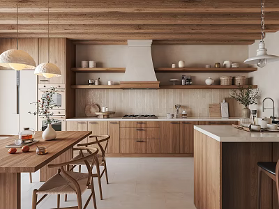 Warm Wooden Kitchen Interior With Cabinets Island Pendant Lights And Dining Table 3d model