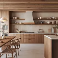 Warm Wooden Kitchen Interior With Cabinets Island Pendant Lights And Dining Table
