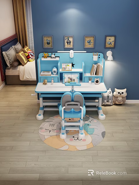 Blue Kids Study Desk With Bookshelf Lamp Matching Chair And Storage 3d model 