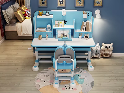 Blue Kids Study Desk With Bookshelf Lamp Matching Chair And Storage 3d model