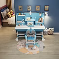 Blue Kids Study Desk With Bookshelf Lamp Matching Chair And Storage