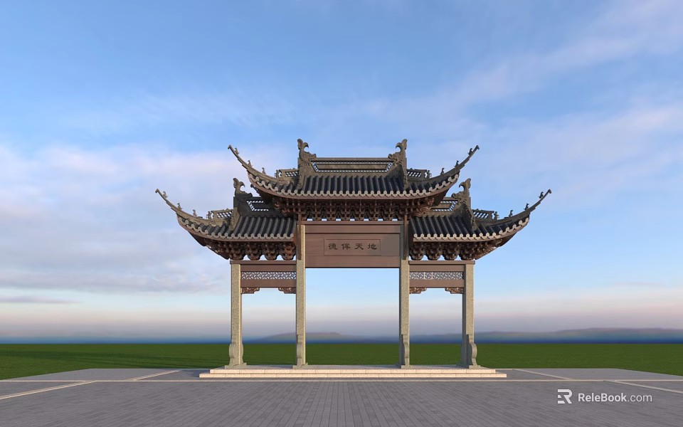 Traditional Chinese Paifang Archway With Ornate Carvings Curved Eaves And Blue Sky Background 3d model 