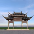 Traditional Chinese Paifang Archway With Ornate Carvings Curved Eaves And Blue Sky Background